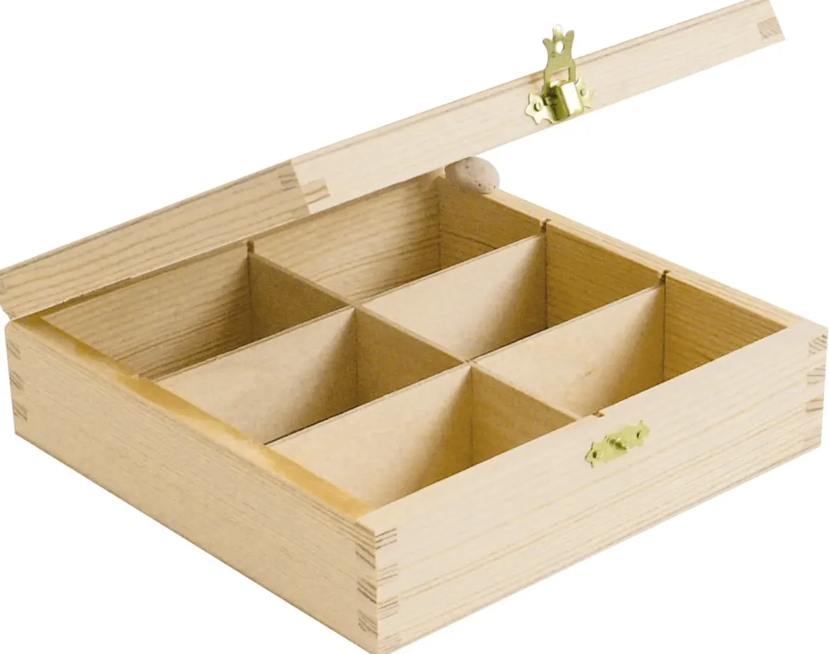 BOITE A THE BOIS 6 COMPARTIMENTS 21 X 21 X 8.5 CM
