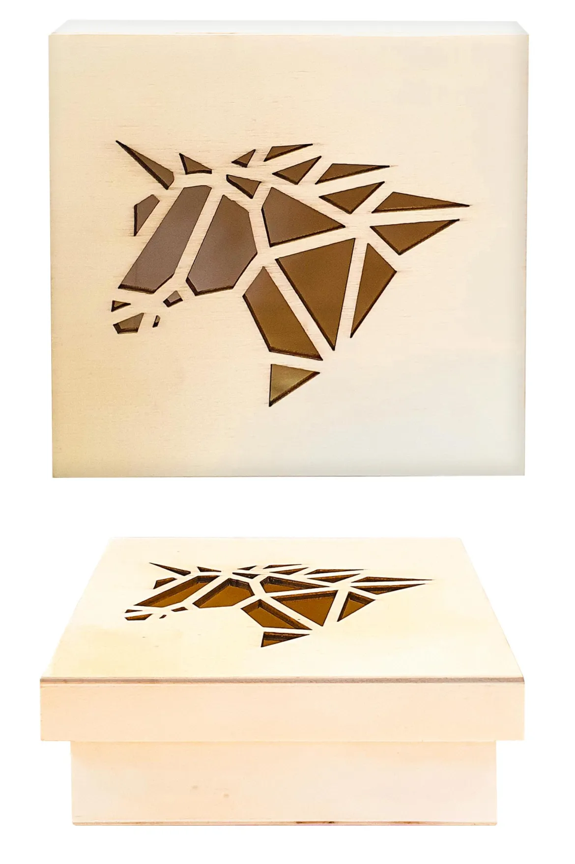 BOITE EN BOIS DECOUPE ORIGAMI LICORNE 11.3 X 11.3 X 5CM