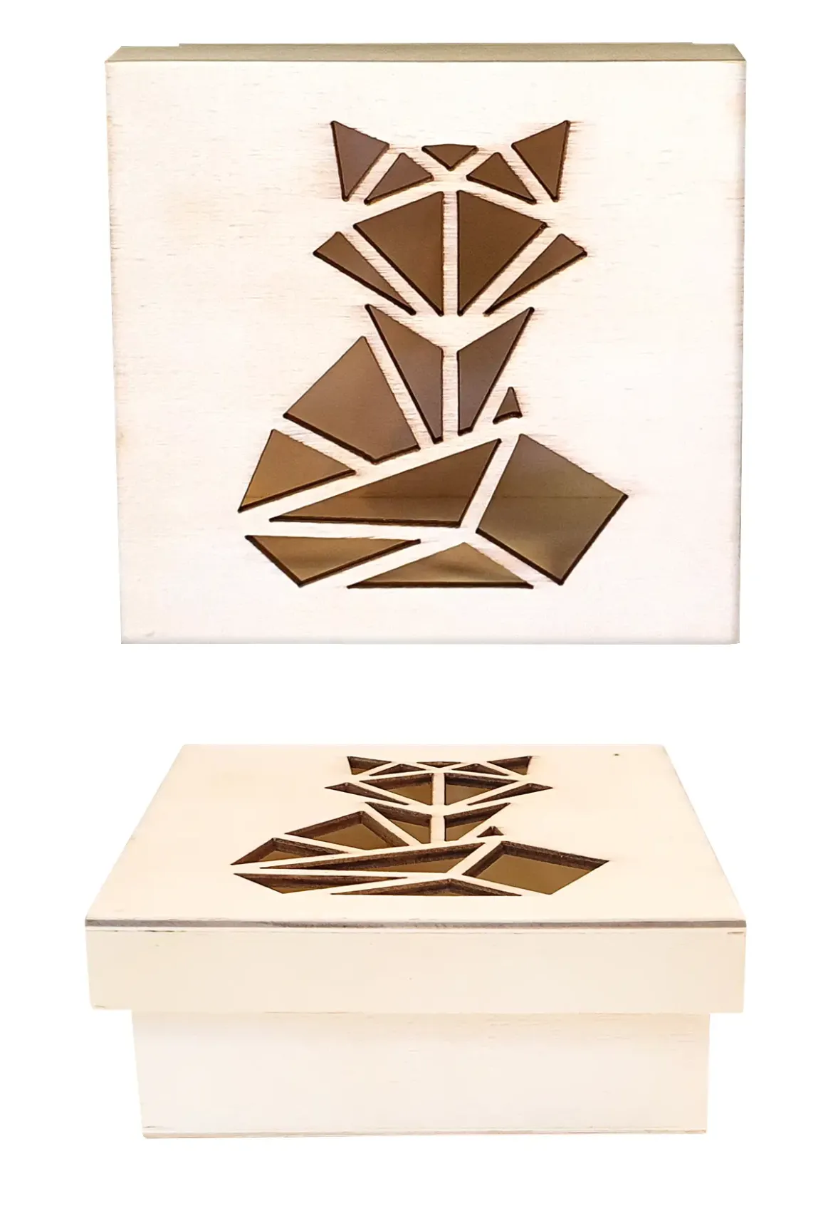 BOITE EN BOIS DECOUPE ORIGAMI RENARD 11.3 X 11.3 X 5CM