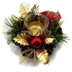 BOUGEOIR GARNI TARTAN ET DORE D.15CM