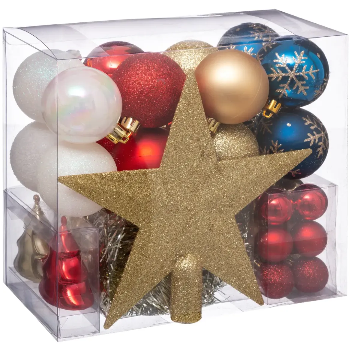 BOULE DE NOEL KIT 44 PIECES DORE ROUGE BLEU BLANC