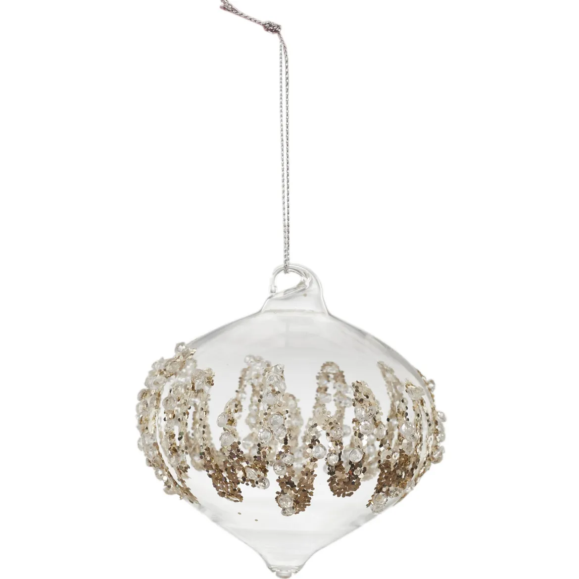 BOULE EN VERRE OIGNON PAILLETTES ET PERLES 8CM
