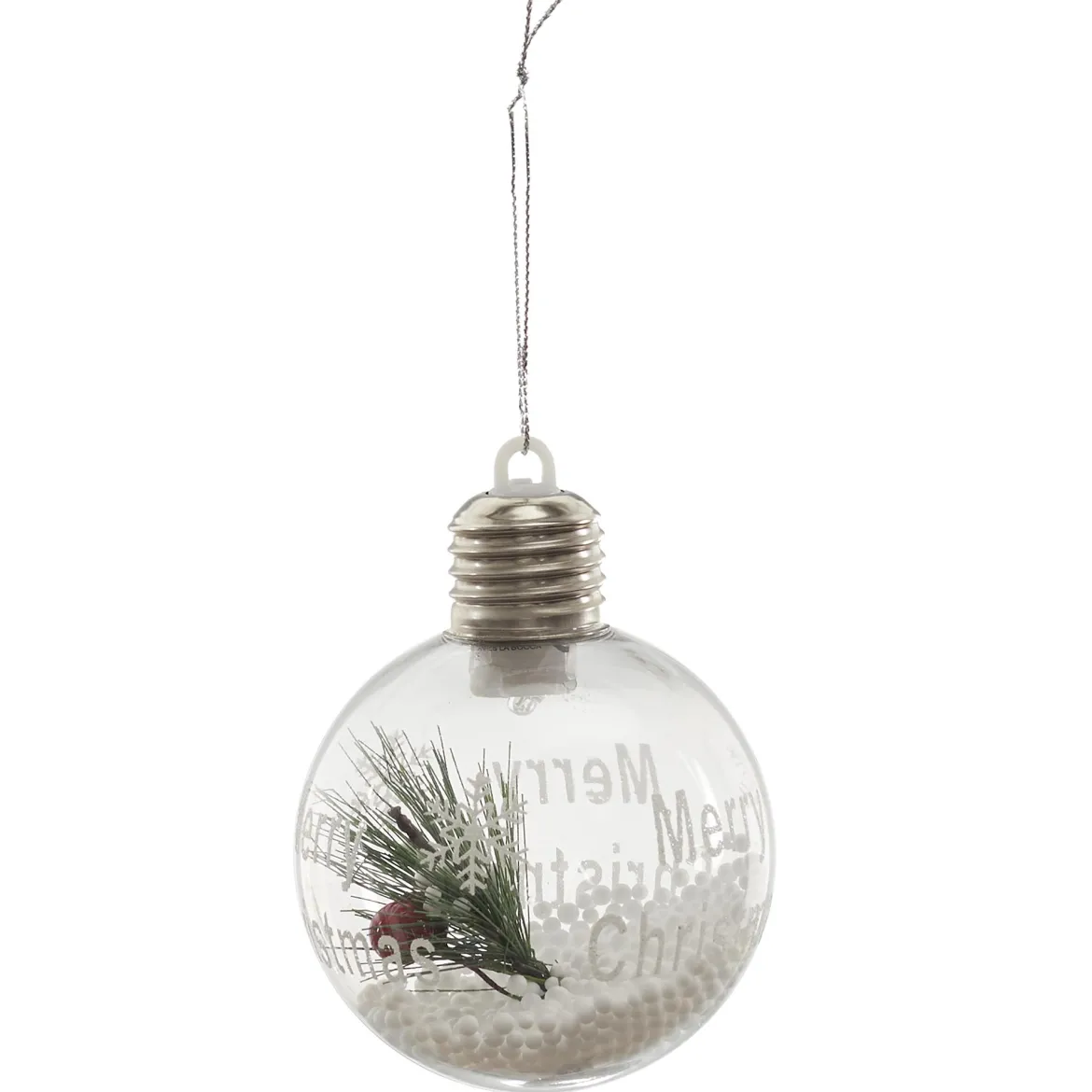 BOULE LED MERRY CHRISTMAS AVEC NEIGE ET HOUX D.8CM