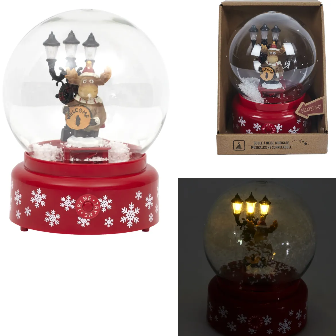 BOULE NEIGE MUSICALE LED CERF 13X18CM