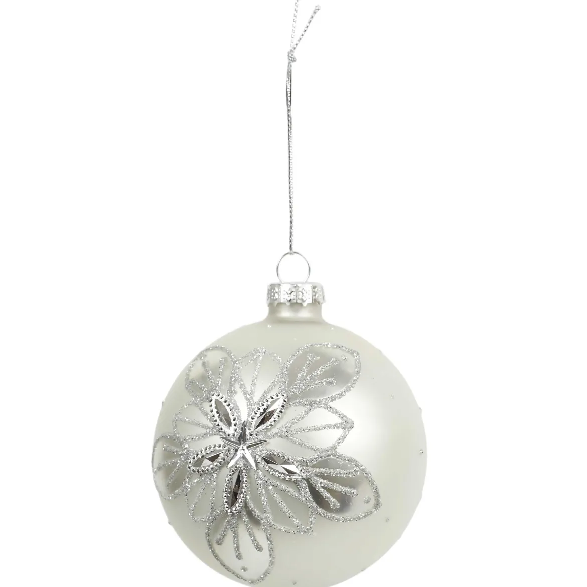 BOULE NOEL VERRE BLANCHE ET ARGENTE 8CM