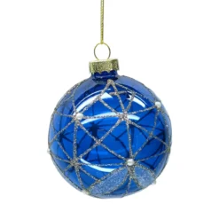 BOULE NOEL VERRE BLEU FILS DORES D8CM