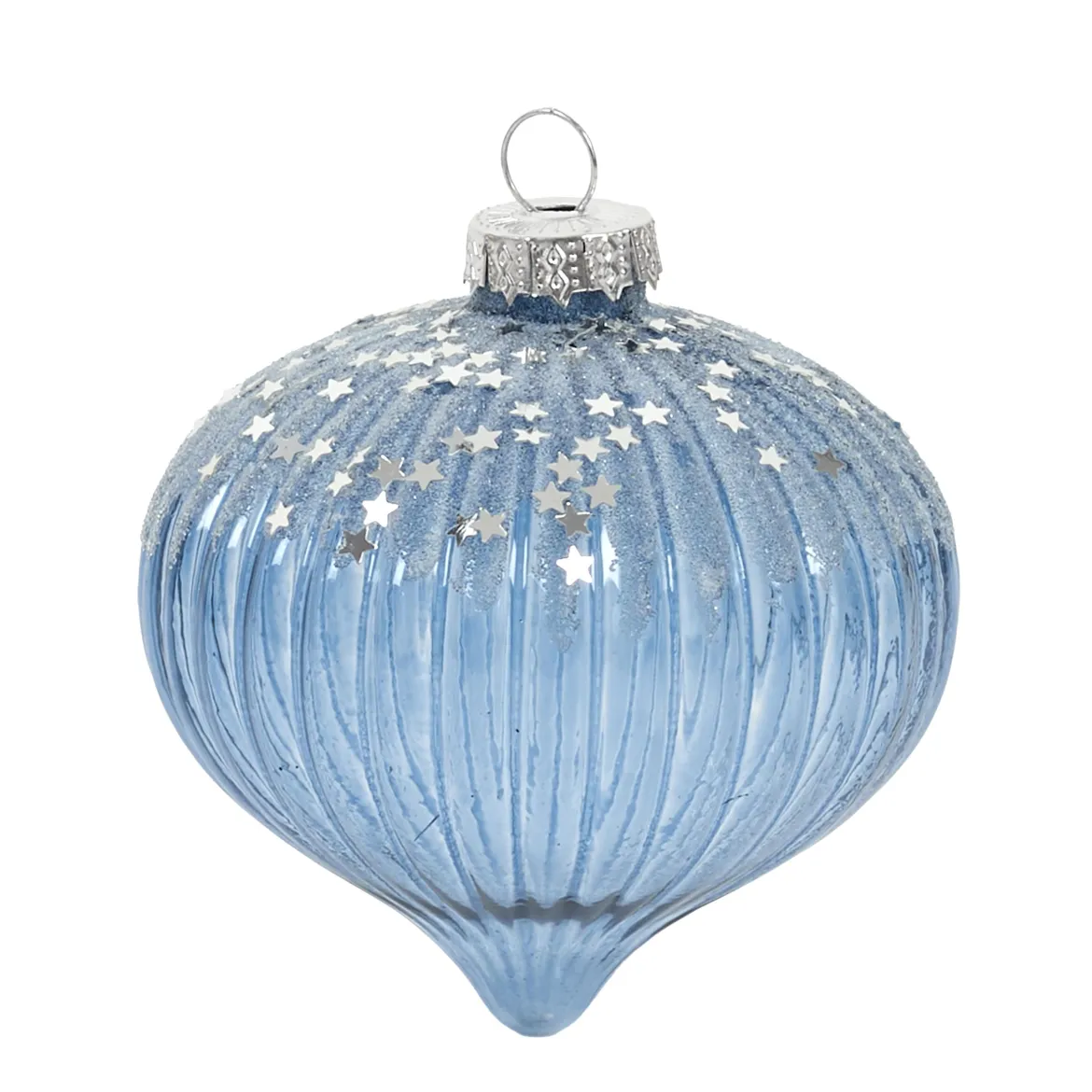 BOULE VERRE BLEUE OIGNON AVEC ETOILES ARGENT D.8CM