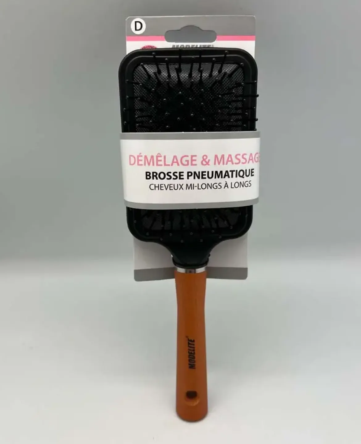 BROSSE PNEUMATIQUE RECTANGLE PICOTS PERLES MANCHE BOIS NOIR