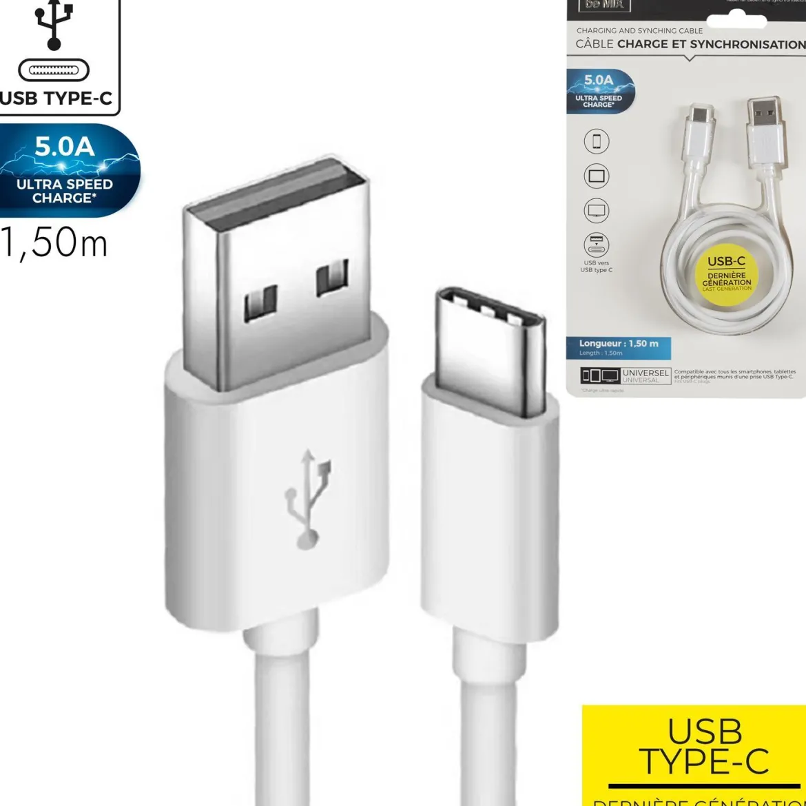 CABLE CHARGE ET SYNCHRONISATION TYPE C 5A 1.5M