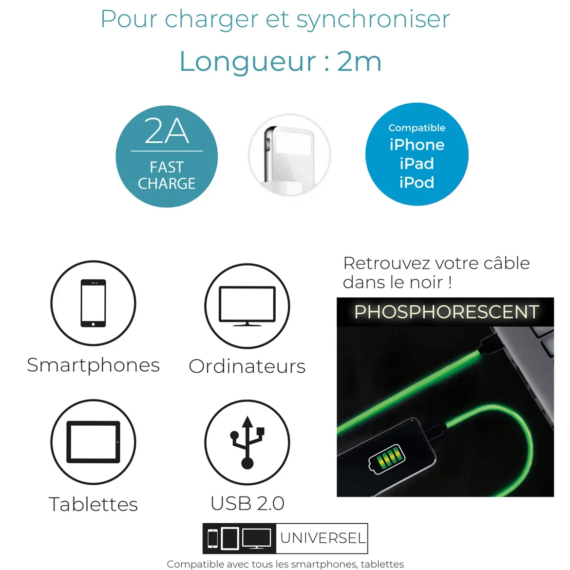 CABLE CHARGE RAPIDE 2A IPHONE PHOSPHORESCENT 2M