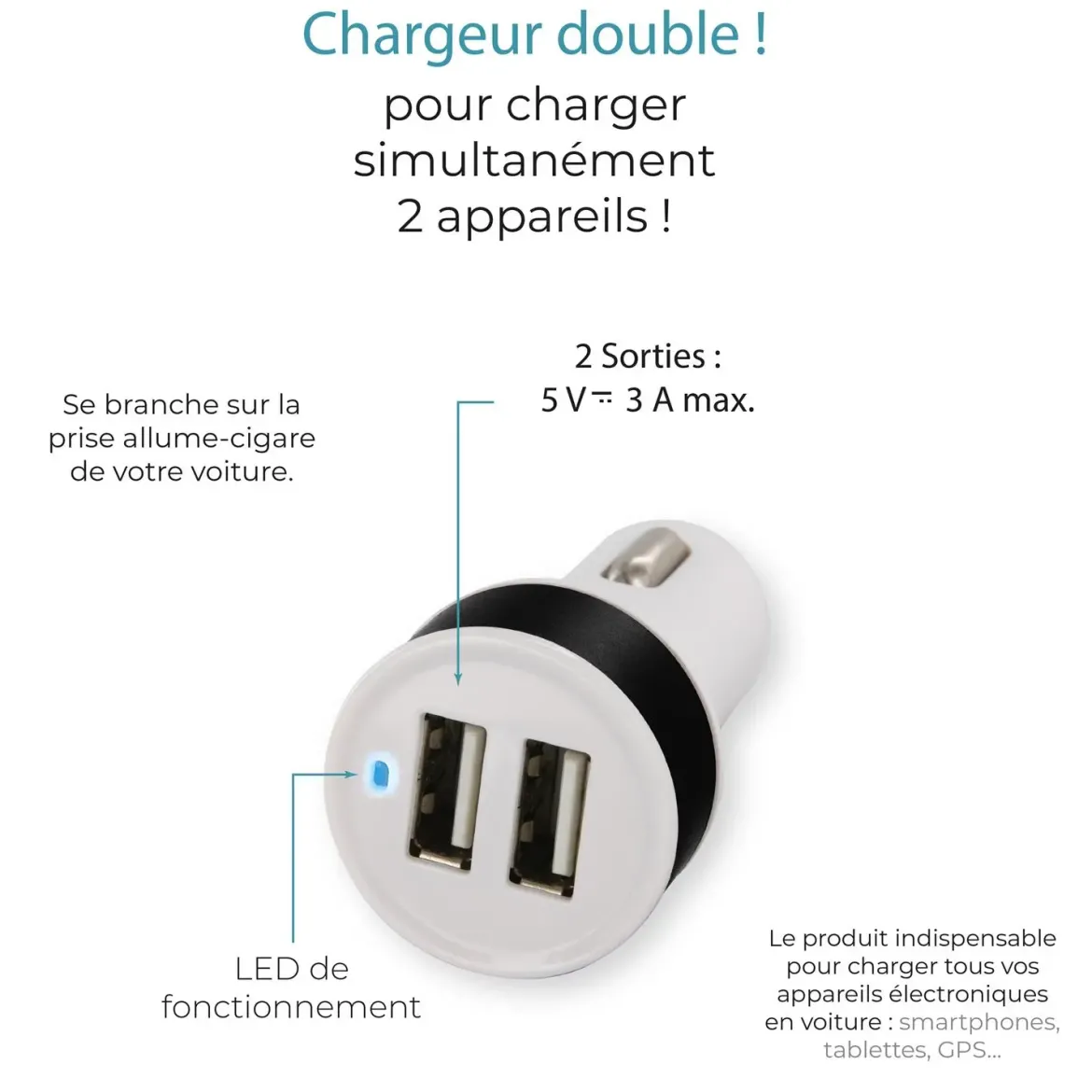 CHARGEUR DOUBLE USB ALLUME CIGARE 3A VOITURE