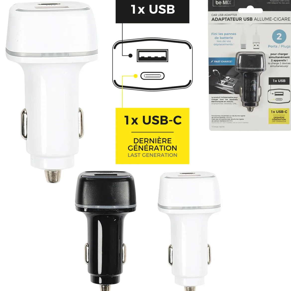 CHARGEUR VOITURE PORT USB ET PORT TYPE C