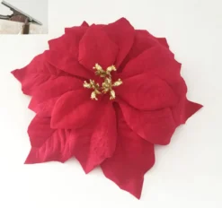 CLIP POINSETTIA VELOURS COEUR PAILLETE OR D.26CM ROUGE