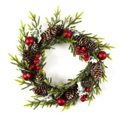 COURONNE BRANCHES POMMES DE PIN ROUGE D.33CM