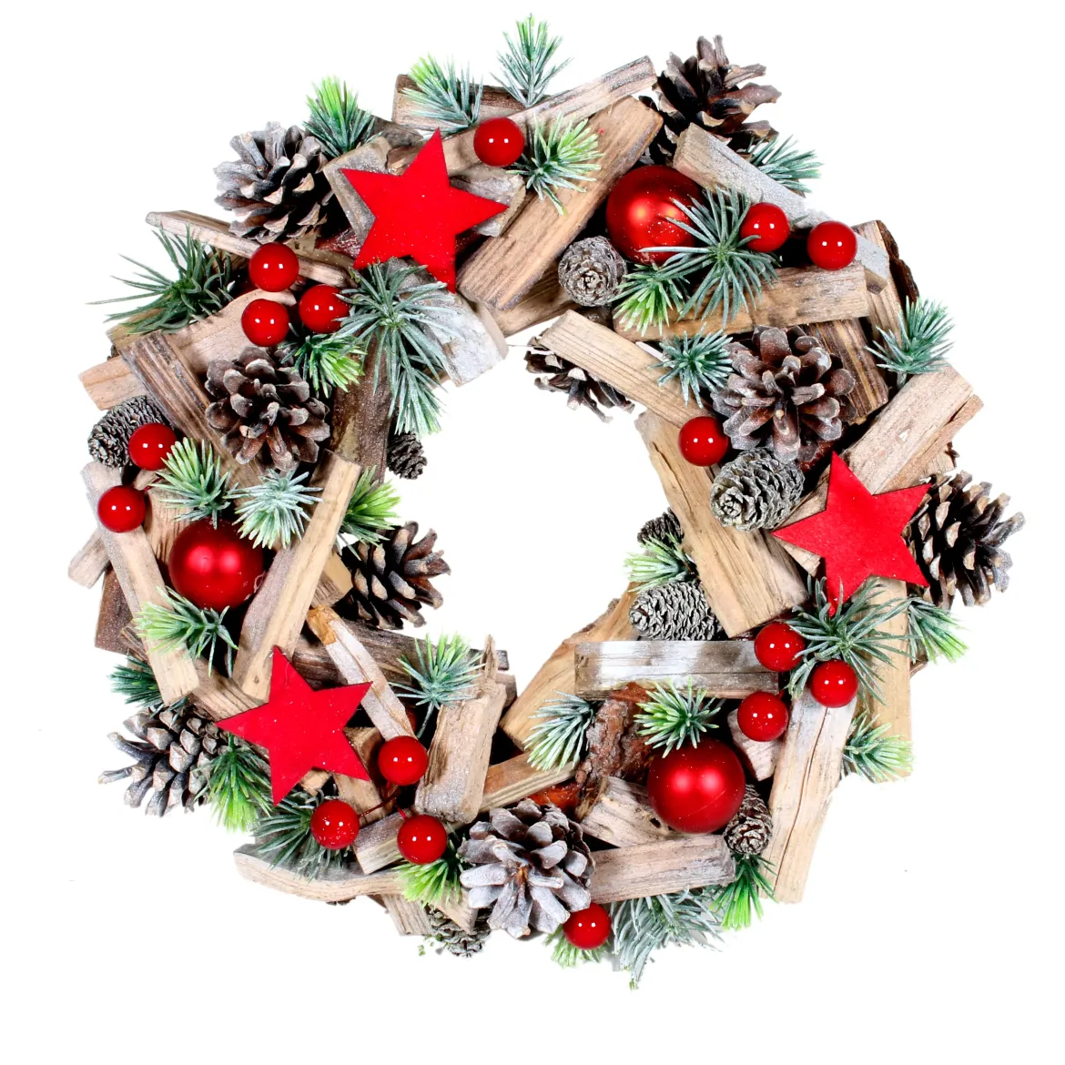 COURONNE DE NOEL VERT ROUGE ET BOIS 29CM