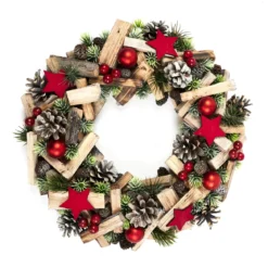 COURONNE DE NOEL VERT ROUGE ET BOIS 35CM