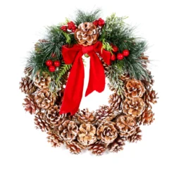 COURONNE EN POMMES DE PIN ET RUBAN 32CM