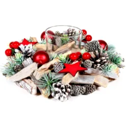 COURONNE PHOTOPHORE VERT ROUGE ET BOIS 24CM