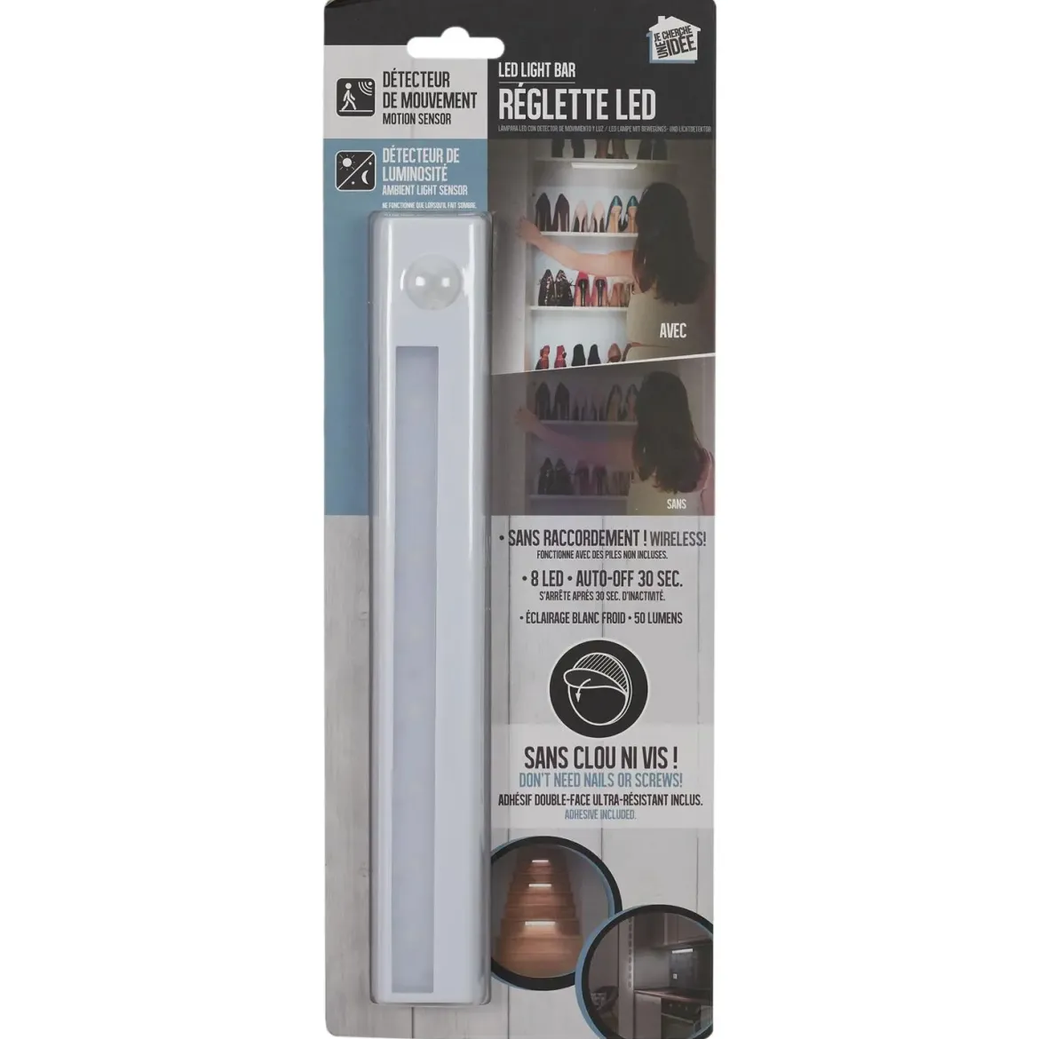DETECTEUR LED X8 MOUVEMENT REGLETTE 50 LUMENS