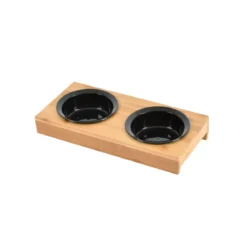 DOUBLE GAMELLE NOIRE D.12CM SUPPORT BAMBOU 29.5X14CM