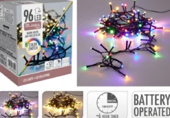 GUIRLANDE EXTERIEUR 96 LED BLANC CHAUD ET MULTICOLORE PILES