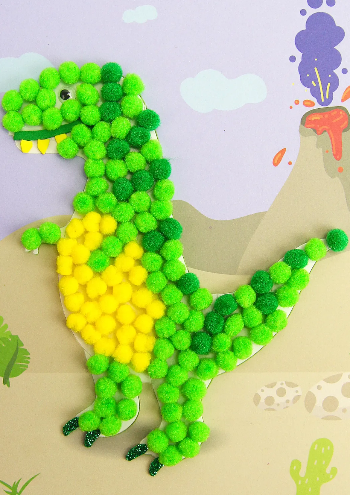 JE CREE MON TABLEAU EN POMPONS DINO 15 X 21 CM
