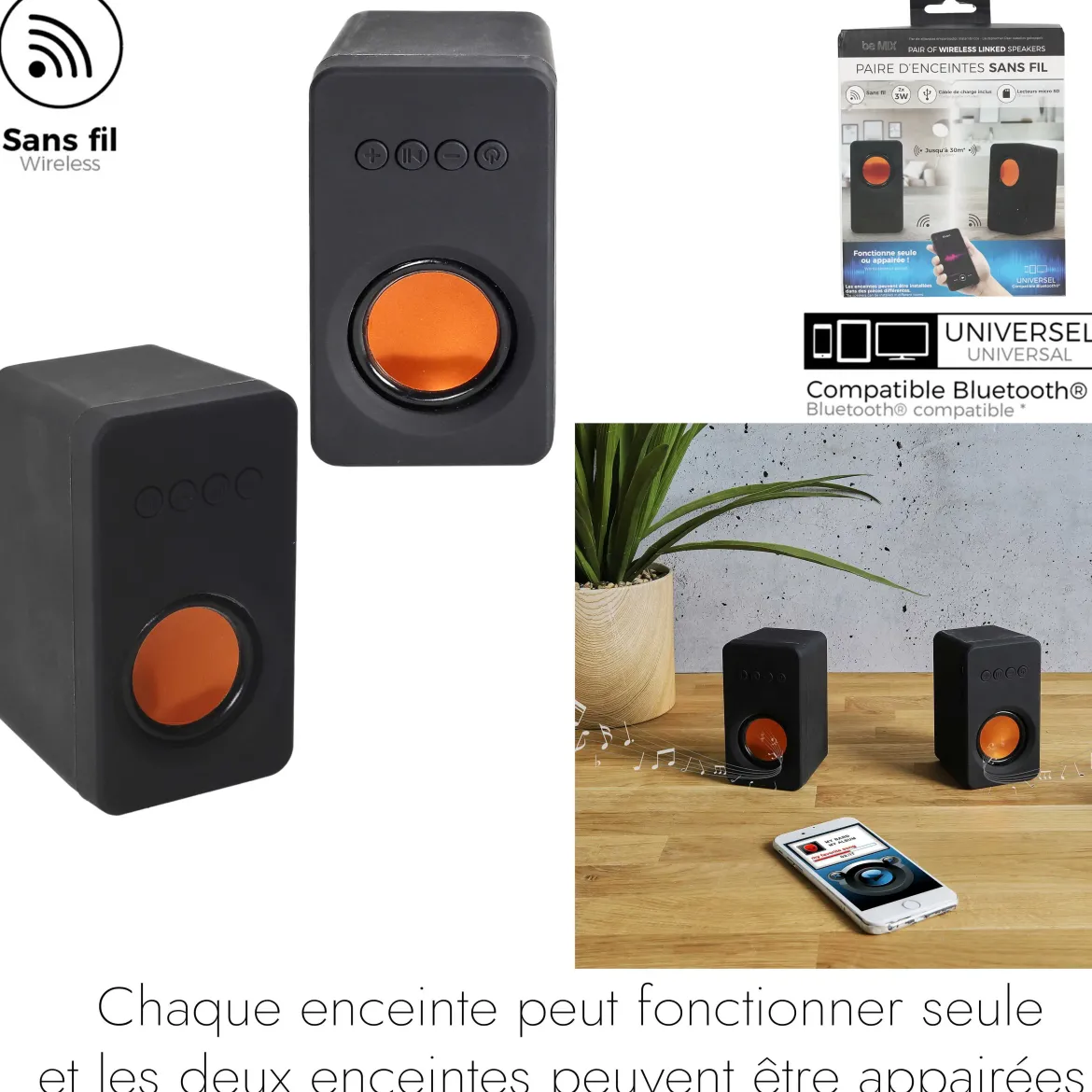 PAIRE ENCEINTES APPAIREES SANS FIL
