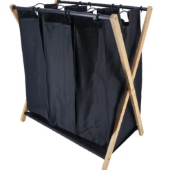 PANIERE A LINGE 3 COMPARTIMENTS BAMBOU METAL NOIR