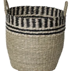 PANIERE A LINGE VEGETALE BORD TRESSE 42X33CM NATUREL NOIR