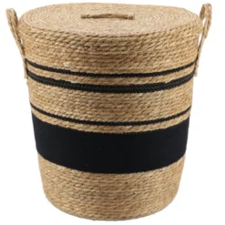 PANIERE COUVERCLE PAILLE ET COTON 42X48CM NATUREL NOIR