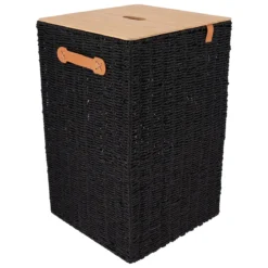 PANIERE LINGE PAPIER METAL COUVERCLE BAMBOU 33X33X53CM NOIR