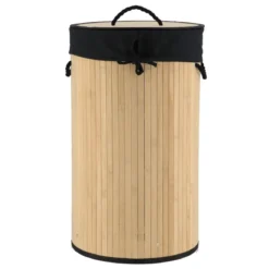 PANIERE LINGE RONDE PLIABLE BAMBOU TISSU LIN NOIR