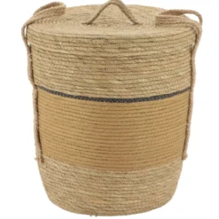PANIERE PAPIER ET PAILLE AVEC COUVERCLE 32X38CM OCRE NATUREL
