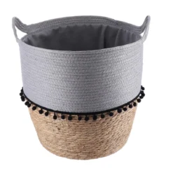 PANIERE RONDE DECO POMPONS D.42X48CM GRIS NATUREL