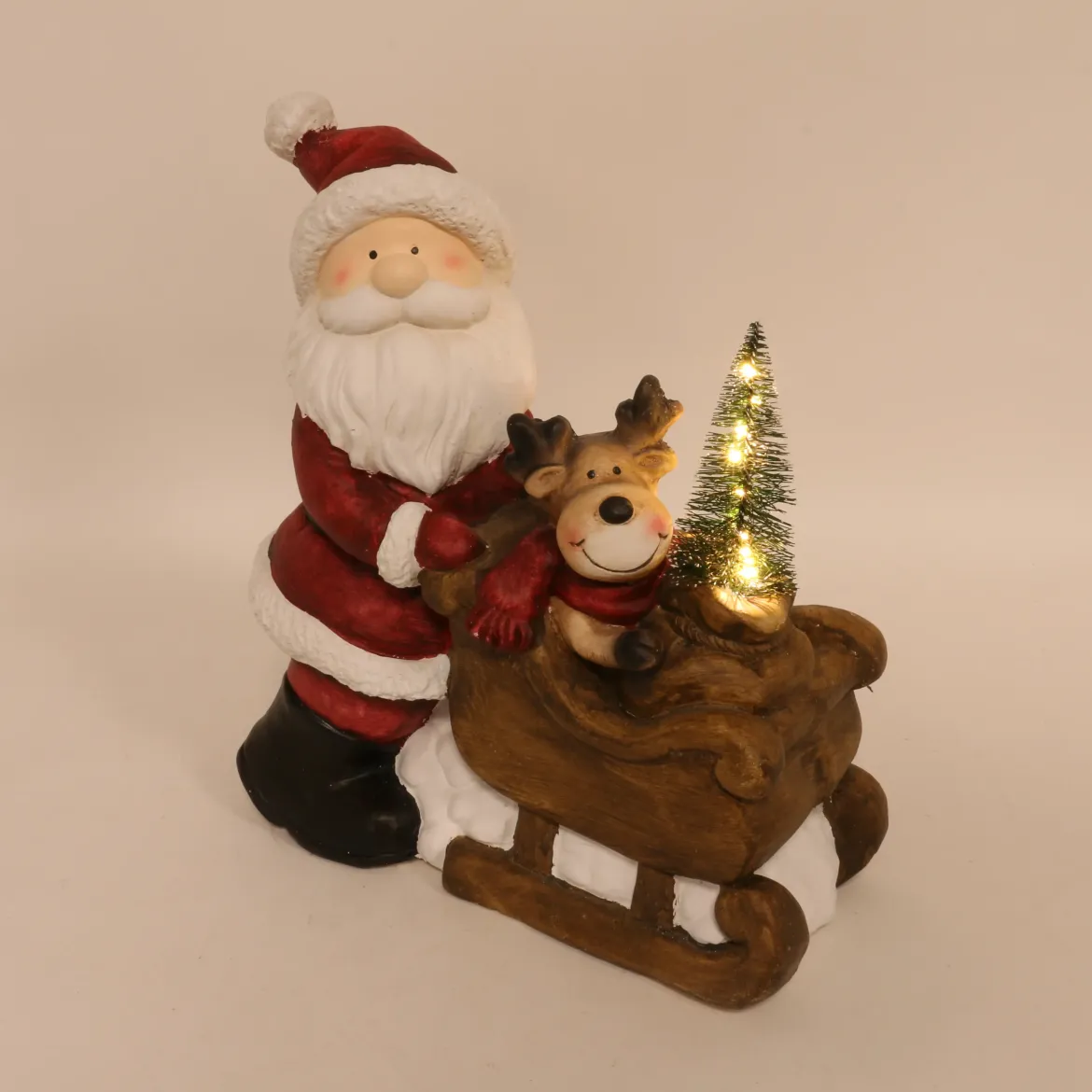PERE NOEL ET RENNE LUGE ET SAPIN LED H.33CM