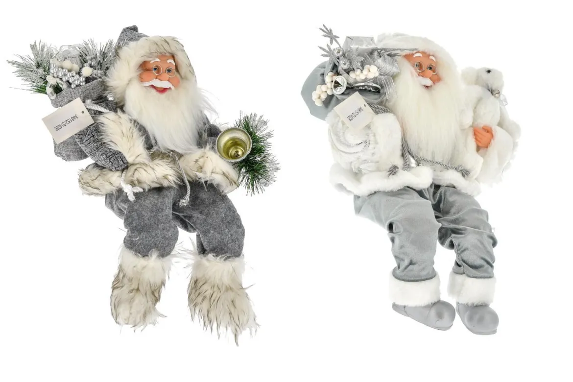 PERE NOEL 25X15X40CM ASSIS GRIS BLANC ET ARGENTE BLANC