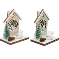 PORTE BOUGIE CHALET NOEL BOIS ET VERT 11X8X14.5CM