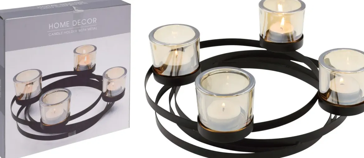 PORTE BOUGIE ROND ANNEAUX METALLIQUES 28X7CM