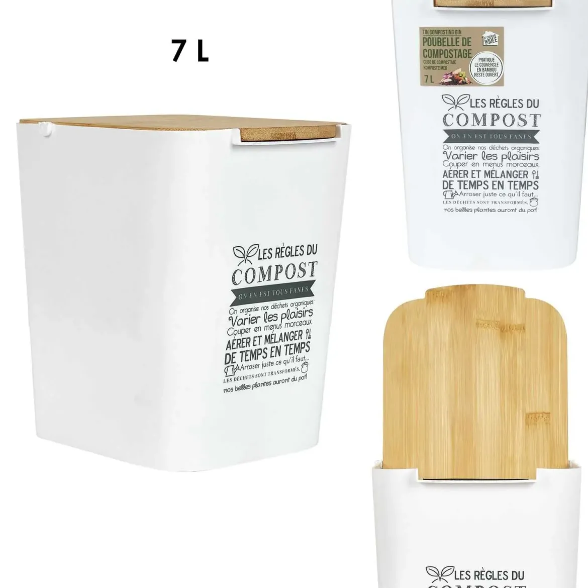 POUBELLE COMPOST PLASTIQUE COUVERCLE BAMBOU