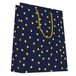 SAC CADEAUX POIS DORE CHAUD OR FOND MARINE 18X23CM