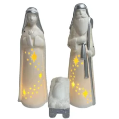 SANTONS LUMINEUX BLANC ET ARGENTE H.19CM X3PIECES