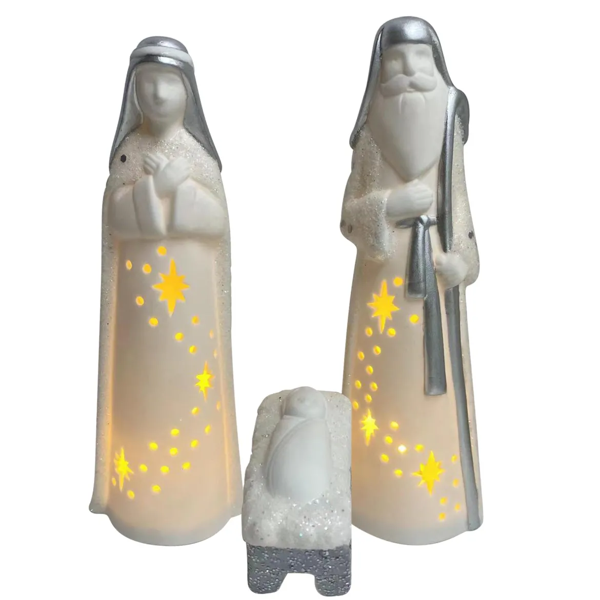 SANTONS LUMINEUX BLANC ET ARGENTE H.19CM X3PIECES