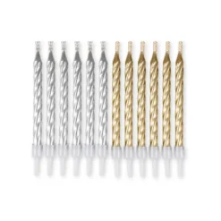 SET 12 BOUGIES ANNIVERSAIRE MAGIQUES SUPPORT H.6CM ARGENT OR