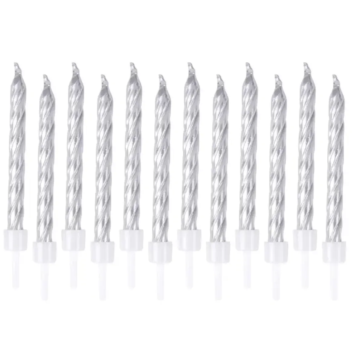 SET 12 BOUGIES METALLIQUES ARGENT AVEC SUPPORT H.6CM