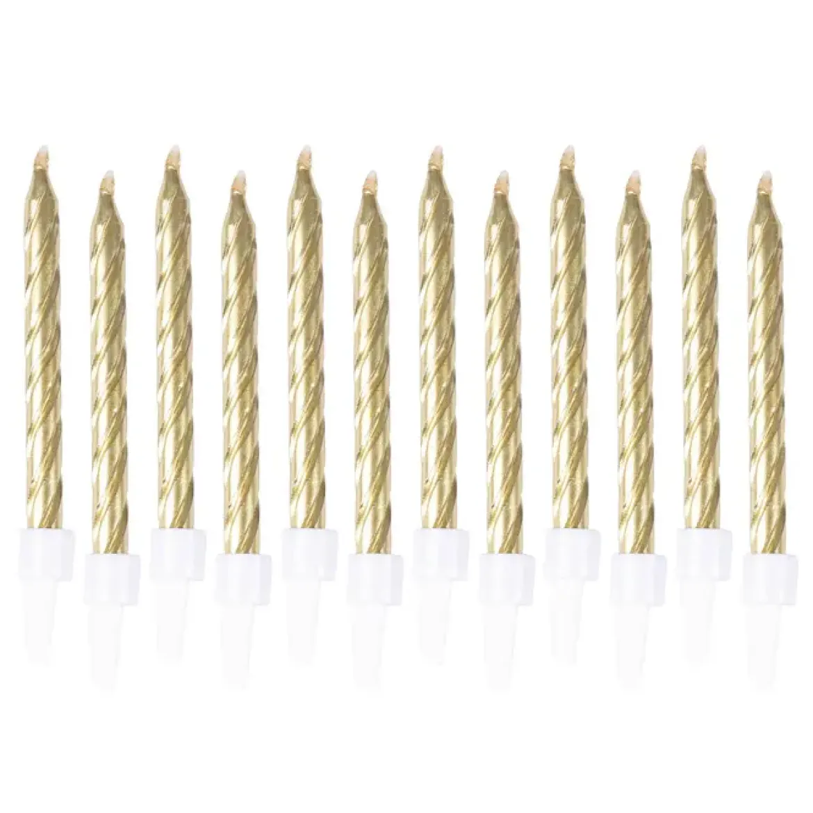 SET 12 BOUGIES METALLIQUES OR AVEC SUPPORT H.6CM