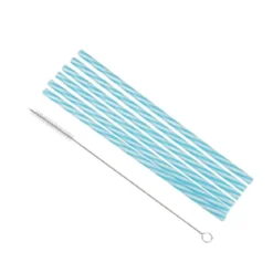 SET 6 PAILLES PLASTIQUE REUTILISABLE BLEU BLANC ET BROSSE