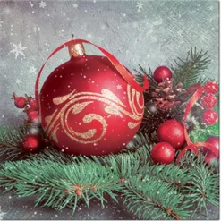 SET 20 SERVIETTES 3 PLIS 33X33CM BOULE ROUGE DE NOEL