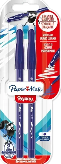 2 STYLOS BILLES EFFACABLES REPLAY BLEU
