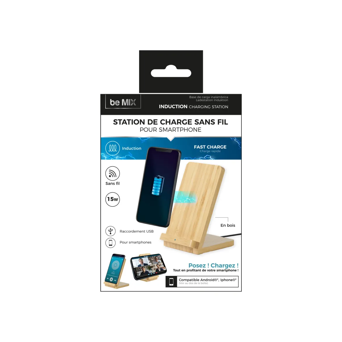 SUPPORT CHARGEUR INDUCTION BOIS 15W