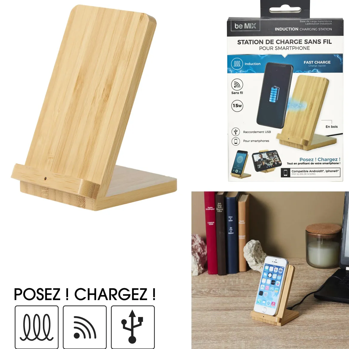 SUPPORT CHARGEUR INDUCTION BOIS 15W